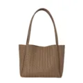 Brown woven tote bag for women, stylish large capacity shoulder handbag for daily work. - Khaki