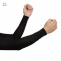Detail view of black ice silk arm sleeves, showing ribbed elastic fabric and comfortable fit. - #7 Black