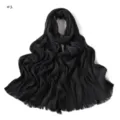 Black pleated crinkle long scarf with frayed fringe, soft cotton linen material for daily wear. - Pattern #1