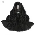 Detailed view of the black pleated long scarf with fringed edges, showing fine fabric texture. - Pattern #2