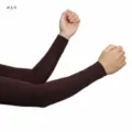 Close-up detail of breathable ribbed ice silk arm sleeves in solid brown color for sun protection. - Style 19