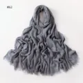 Solid color soft modal crinkled long scarf in elegant grey with fringe ends for women. - Style 62