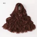 Solid color soft crinkled long scarf for women with fringe design, breathable brown hijab. - Style 63