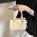 Beige woven small handbag with pearl bow, trendy stylish shoulder crossbody bag for women. - Pendant Included / Yellow