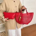 Red woven tote bag women large capacity shoulder bag fashionable hollow commuting handbag set. - With Pendant / Red