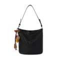Black woven shoulder bag women retro bucket bag versatile crossbody casual tote purse daily use - With Pendant / Black