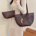 Woven hollow out tote bag for women, retro fashion large capacity shoulder bag for autumn commute. - With Pendant / Coffee