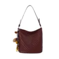 Burgundy Woven Leather Shoulder Bag Retro Bucket Bag with Chic Pendant Variant Style - Red