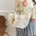 Woven Hollow Tote Bag Women Autumn Retro Fashion Large Capacity Shoulder Bag Casual Commute Handbag - Off White