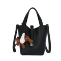 Stylish black leather bucket bag with top handles, shoulder strap, and cute winged horse charm. - With Pendant / Black