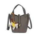 Elegant leather bucket bag with top handle, shoulder strap, lock, and cute horse charm. - No Pendant / Gray