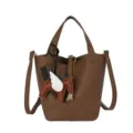 Brown leather bucket bag with cute winged horse charm, stylish daily crossbody bag for women. - With Pendant / Brown