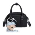 Korean style black Boston handbag with cute fluffy bear pendant, versatile shoulder crossbody bag. - With Pendant / Black