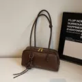 Retro brown leather bowling shoulder bag for women, versatile daily commuter pillow bag. - Coffee (With Charm)