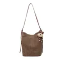 Dames bruine geweven emmertas met schattige pluche hanger casual schoudertas - Met Hanger / Bruin