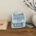 Light blue plaid shoulder crossbody bag with cute bows and lace trim for women daily casual use - Blue