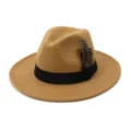 Classic camel wool fedora hat with black band and chic feather decoration for stylish outfits. - 58cm / Camel