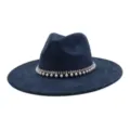 Dark blue wide-brim fedora hat with rhinestone pearl band, elegant autumn winter suede style. - 58cm / Navy Blue