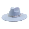Exquisite light blue suede fedora hat detail featuring sparkling rhinestone pearl band trim. - 58cm / Sky Blue