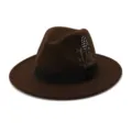 Classic brown wool fedora hat with black ribbon band and decorative feather for men and women. - 58cm / Coffee