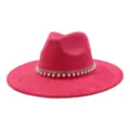 Detailed view of hot pink fedora hat with rhinestone pearl band, stylish autumn winter headwear. - 58cm / Rose Red