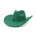 Close-up detail shot of a stylish green suede fedora cowboy hat with braided hatband accent. - Green