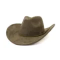 Suede fedora hat detail, vintage cowboy style with braided band, elegant wide brim accessory. - Dark Army Green
