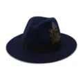 Classic navy blue wool fedora hat with elegant feather and black band for stylish daily wear. - 58cm / Navy Blue