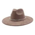 Detail view of brown suede fedora hat featuring a delicate pearl and rhinestone band. - 58cm / Dusty Pink