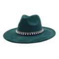Dark green faux suede fedora hat detail featuring an elegant pearl and rhinestone decorative band. - 58cm / Dark Green