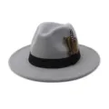 Close-up of grey fedora hat with black band and feather detail, showcasing exquisite felt texture. - 58cm / Light Gray