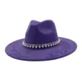 Purple faux suede jazz hat featuring an elegant rhinestone and pearl fringe band, wide flat brim. - 58cm / Deep purple