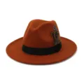 Classic brown felt fedora hat with black ribbon and stylish feather for unisex fashion. - 58cm / Rust Red