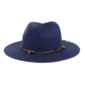 Donkerblauwe strooien fedora hoed voor dames en heren, strand zonnehoed met schelp kraal koord. - Marineblauw