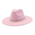Pink suede fedora hat with elegant pearl rhinestone band, stylish autumn winter headwear. - 58cm / Sakura Pink