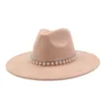 Wide brim suede fedora hat with rhinestone pearl chain band for autumn winter fashion style. - 58cm / Champagne