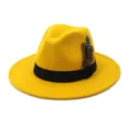 Yellow woolen fedora hat with black band and feather, wide flat brim jazz cap for couple. - 58cm / Yellow