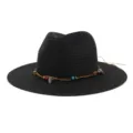 Zwarte strooien hoed fedora zomer strand zonbescherming met schelp kralen band brede rand. - Zwart