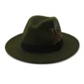 Detail view of dark green wool felt fedora hat featuring black band and decorative feather. - 58cm / Army Green