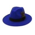 Close-up detail of royal blue felt fedora jazz hat decorated with elegant feathers. - 58cm / Sapphire Blue