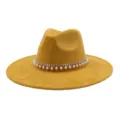 Yellow suede fedora hat with elegant pearl and rhinestone chain, autumn winter wide brim. - 58cm / Turmeric