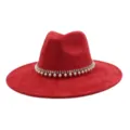 Red suede wide brim fedora hat with elegant pearl rhinestone band for autumn winter. - 58cm / Burgundy
