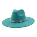 Turquoise suede fedora hat with dazzling rhinestone pearl band wide brim jazz cap stylish - 58cm / Peacock Light Blue