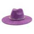 Purple wide-brim suede fedora hat detail, elegant pearl rhinestone band decoration. - 58cm / Medium Purple