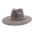 Detail shot of the grey suede fedora hat featuring an elegant pearl and rhinestone band. - 58cm / Charcoal Grey
