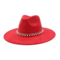 Red suede fedora hat detail featuring sparkling rhinestone and faux pearl decorative band. - 58cm / Red