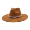 brown faux suede fedora hat with pearl and rhinestone band elegant wide brim cap for women - 58cm / Khaki
