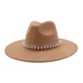 Camel suede fedora hat featuring a delicate pearl and rhinestone trim band for autumn and winter. - 58cm / Camel