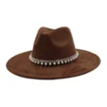 Brown suede fedora hat for men and women, wide flat brim jazz cap with pearl rhinestone band. - 58cm / Coffee