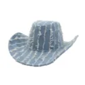 Detailed view of the distressed denim western cowboy hat, retro light blue wide brim sun hat. - One Size 57-58cm / Blue
